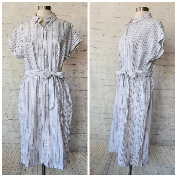 NWOT Ann Taylor Factory Button Front Cotton White Blue Stripe Shirtdress Large - Picture 2 of 11